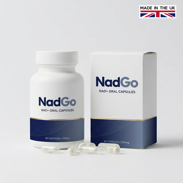 NadGo NAD+ oral capsules bottle and packaging on a white background with 'Made in the UK' label.